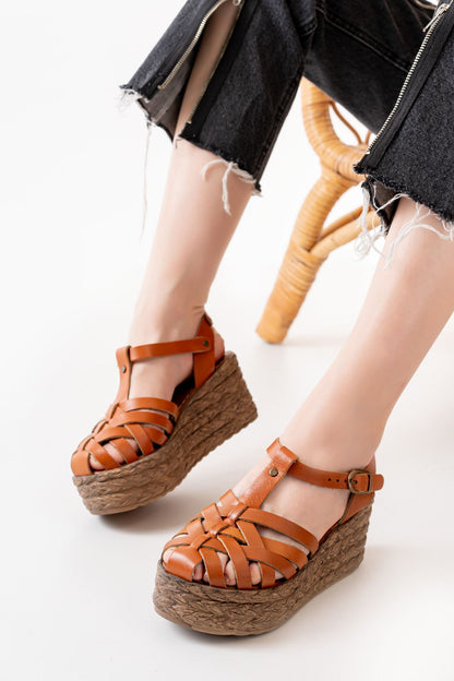 Ayakkabı Aşkı Taba Ortopedik Hakiki Deri Dolgu Kadın Sandalet