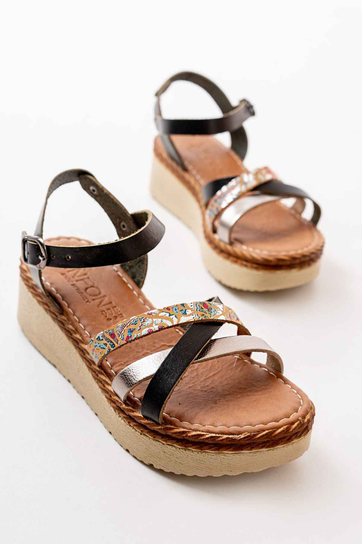 Ayakkabı Aşkı 730-015 Siyah Garni Ortopedik Hakiki Deri Dolgu Kadın Sandalet