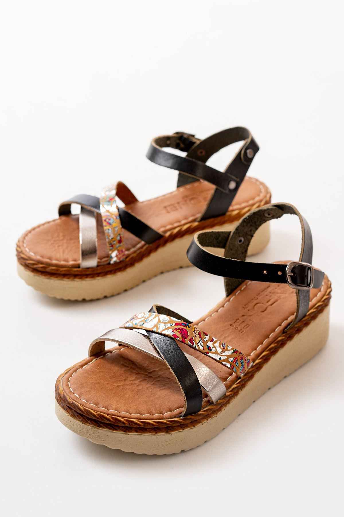 Ayakkabı Aşkı 730-015 Siyah Garni Ortopedik Hakiki Deri Dolgu Kadın Sandalet