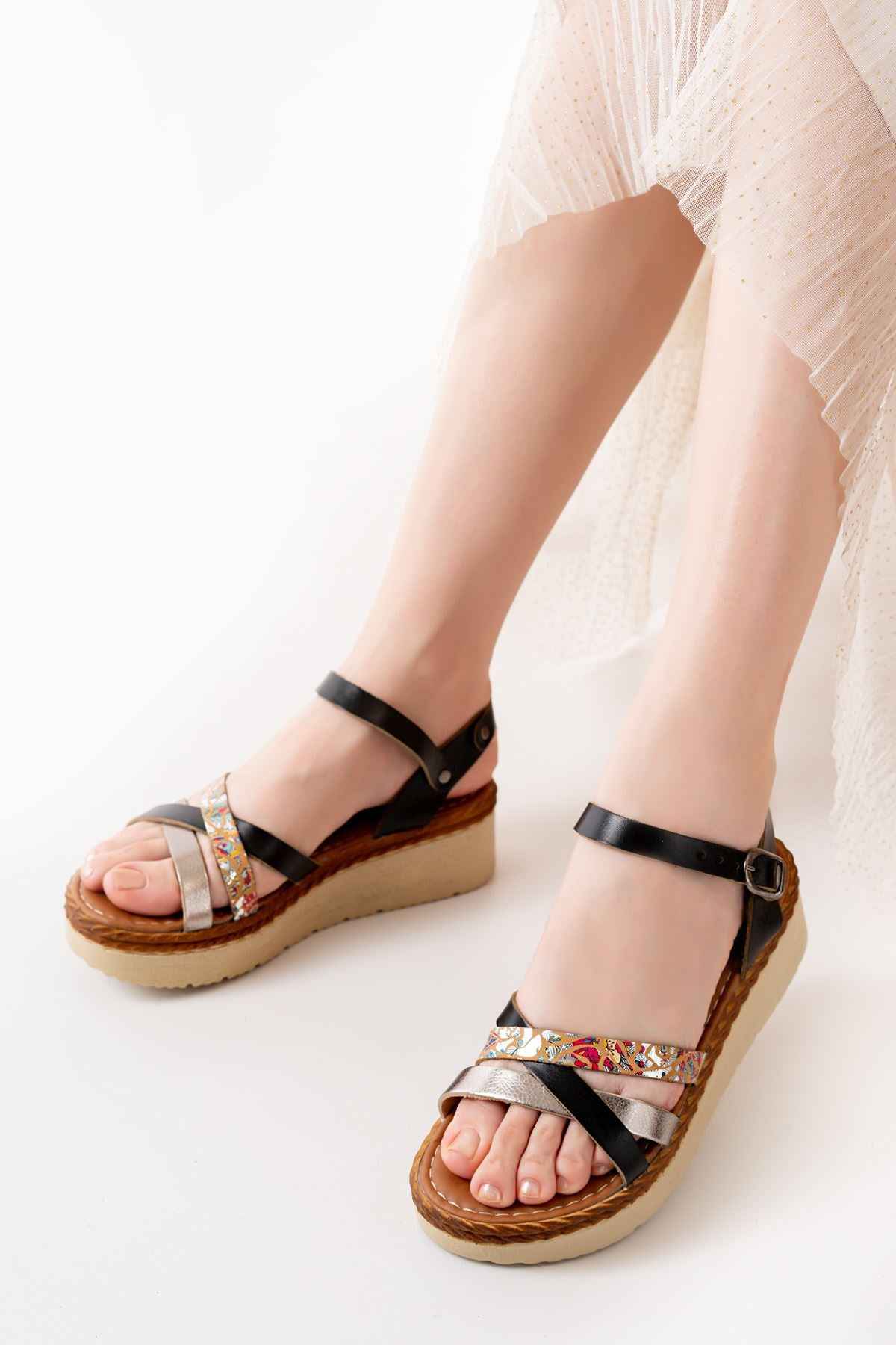 Ayakkabı Aşkı 730-015 Siyah Garni Ortopedik Hakiki Deri Dolgu Kadın Sandalet