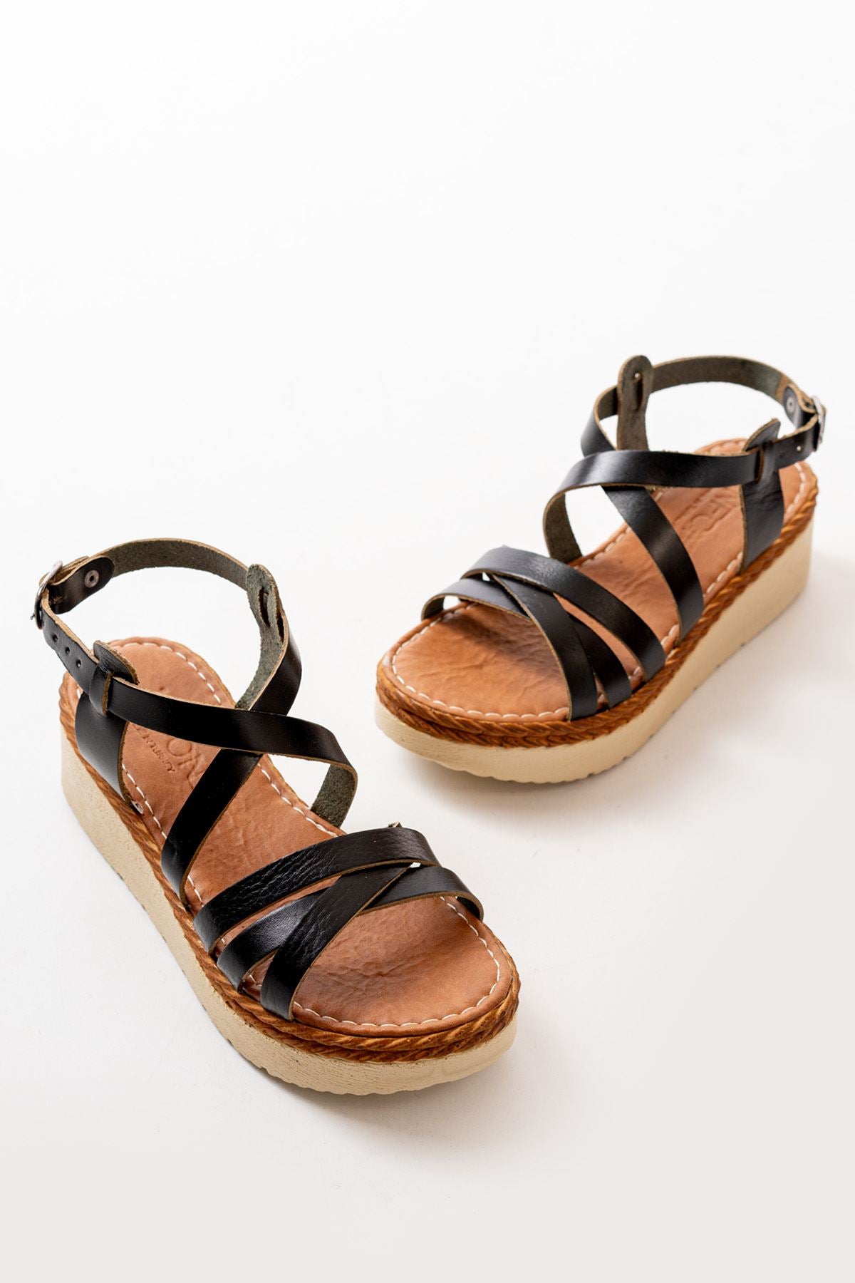 Ayakkabı Aşkı Siyah Ortopedik Hakiki Deri Dolgu Kadın Sandalet