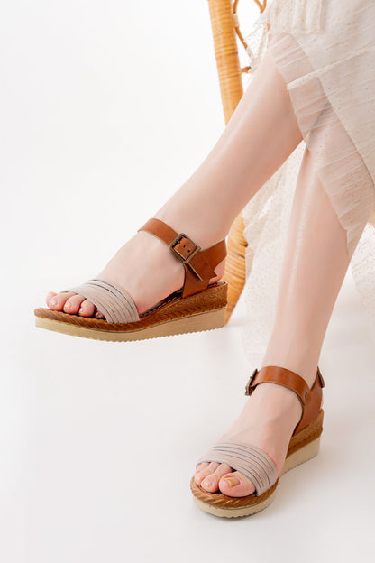 731-07 Bej Ortopedik Hakiki Deri Dolgu Kadın Sandalet - Bej