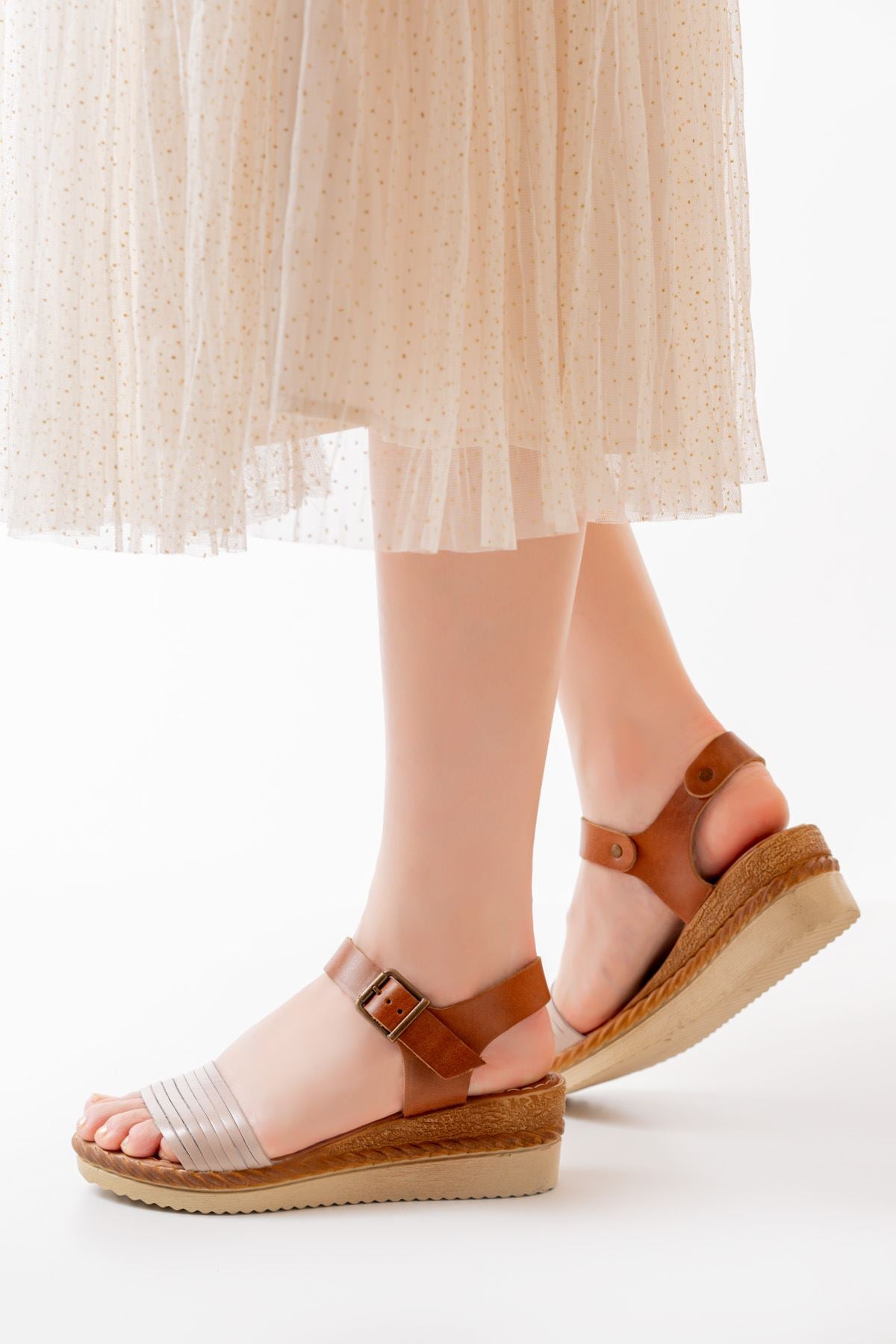 Ayakkabı Aşkı Bej Ortopedik Hakiki Deri Dolgu Kadın Sandalet - Ayakkabı Aşkı