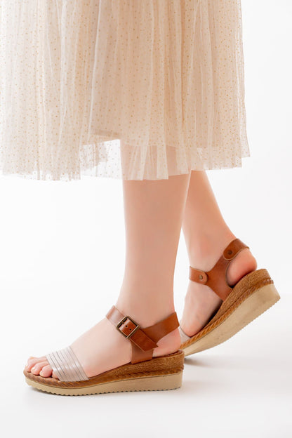 Ayakkabı Aşkı Bej Ortopedik Hakiki Deri Dolgu Kadın Sandalet