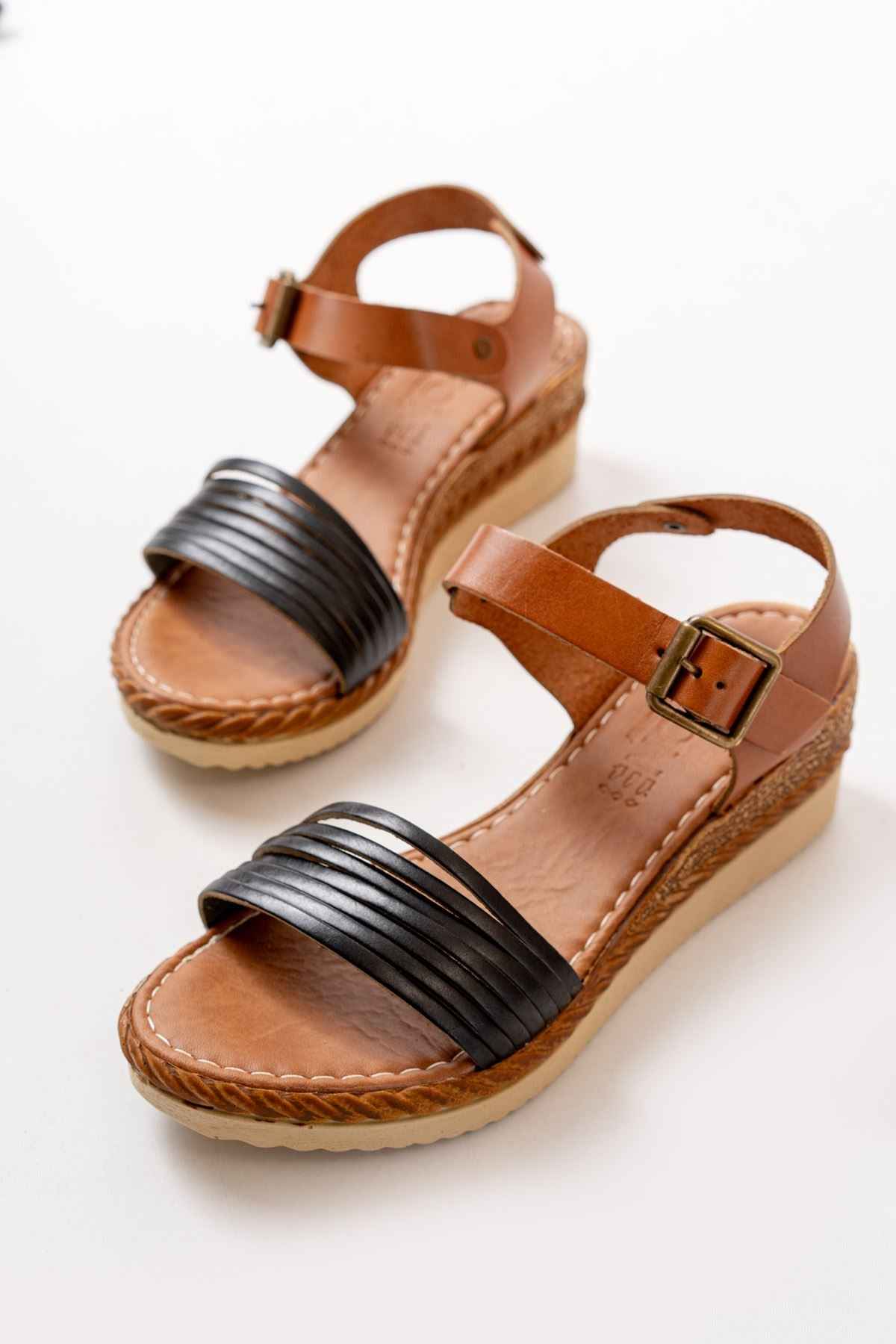 Ayakkabı Aşkı 731-07 Siyah Ortopedik Hakiki Deri Dolgu Kadın Sandalet