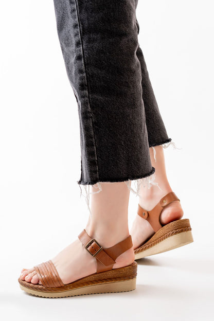 Ayakkabı Aşkı Taba Ortopedik Hakiki Deri Dolgu Kadın Sandalet