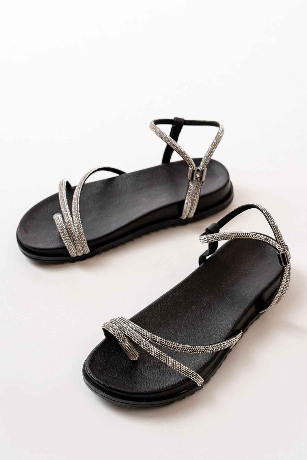 Ayakkabı Aşkı 1001-1101 Siyah Gümüş Taşlı Günlük Kadın Sandalet