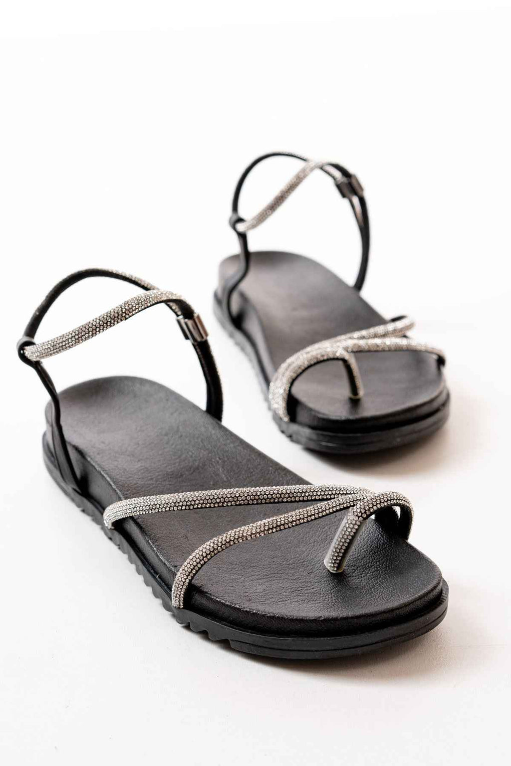 Ayakkabı Aşkı 1001-1101 Siyah Gümüş Taşlı Günlük Kadın Sandalet