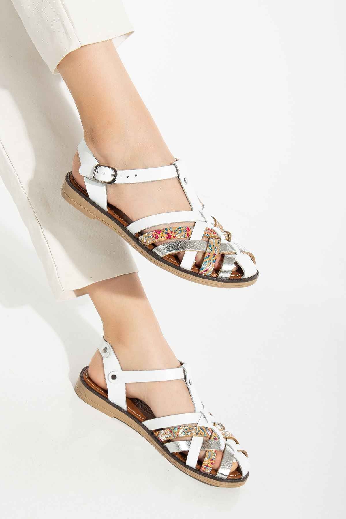 Ayakkabı Aşkı 205-02 Beyaz Garni Ortopedik Hakiki Deri Kadın Sandalet