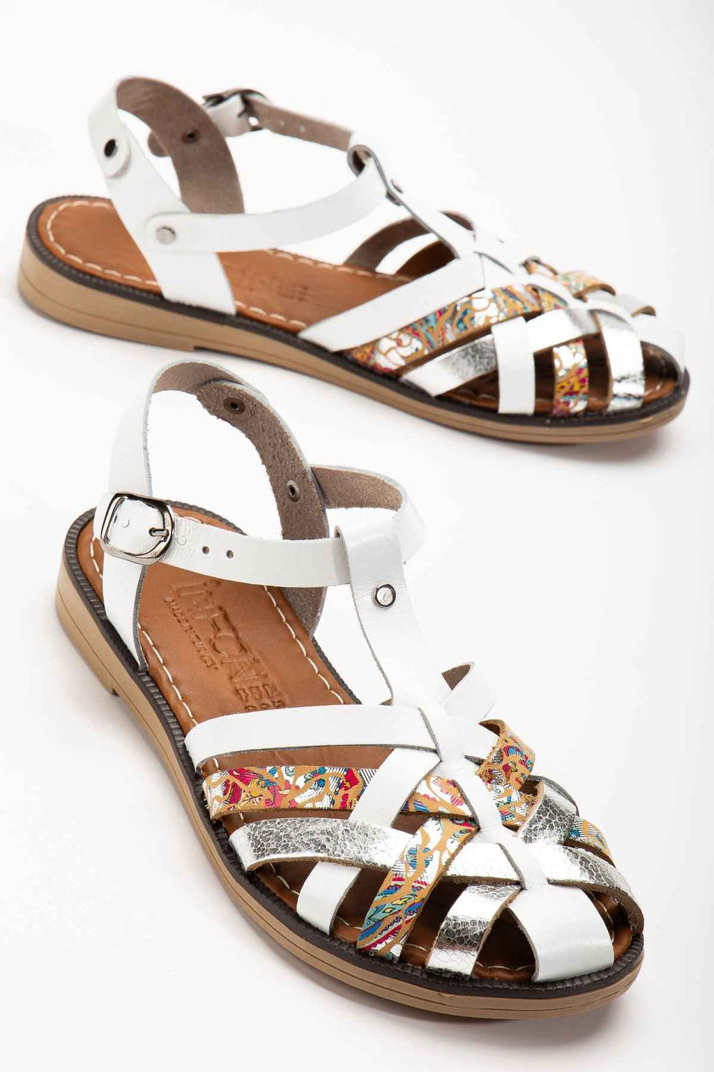 Ayakkabı Aşkı 205-02 Beyaz Garni Ortopedik Hakiki Deri Kadın Sandalet