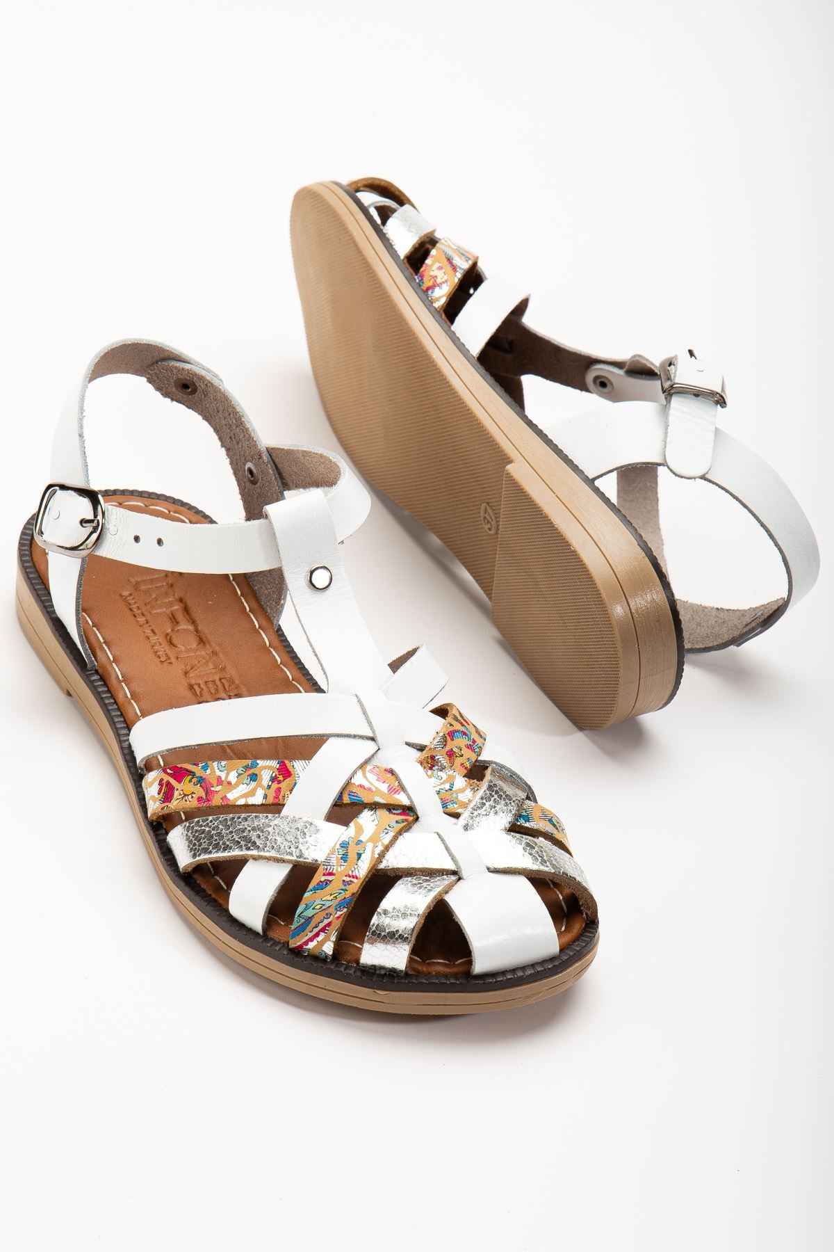 Ayakkabı Aşkı 205-02 Beyaz Garni Ortopedik Hakiki Deri Kadın Sandalet