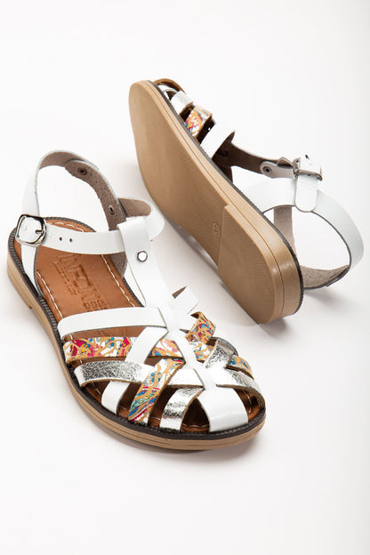 Ayakkabı Aşkı Beyaz Garni Ortopedik Hakiki Deri Kadın Sandalet