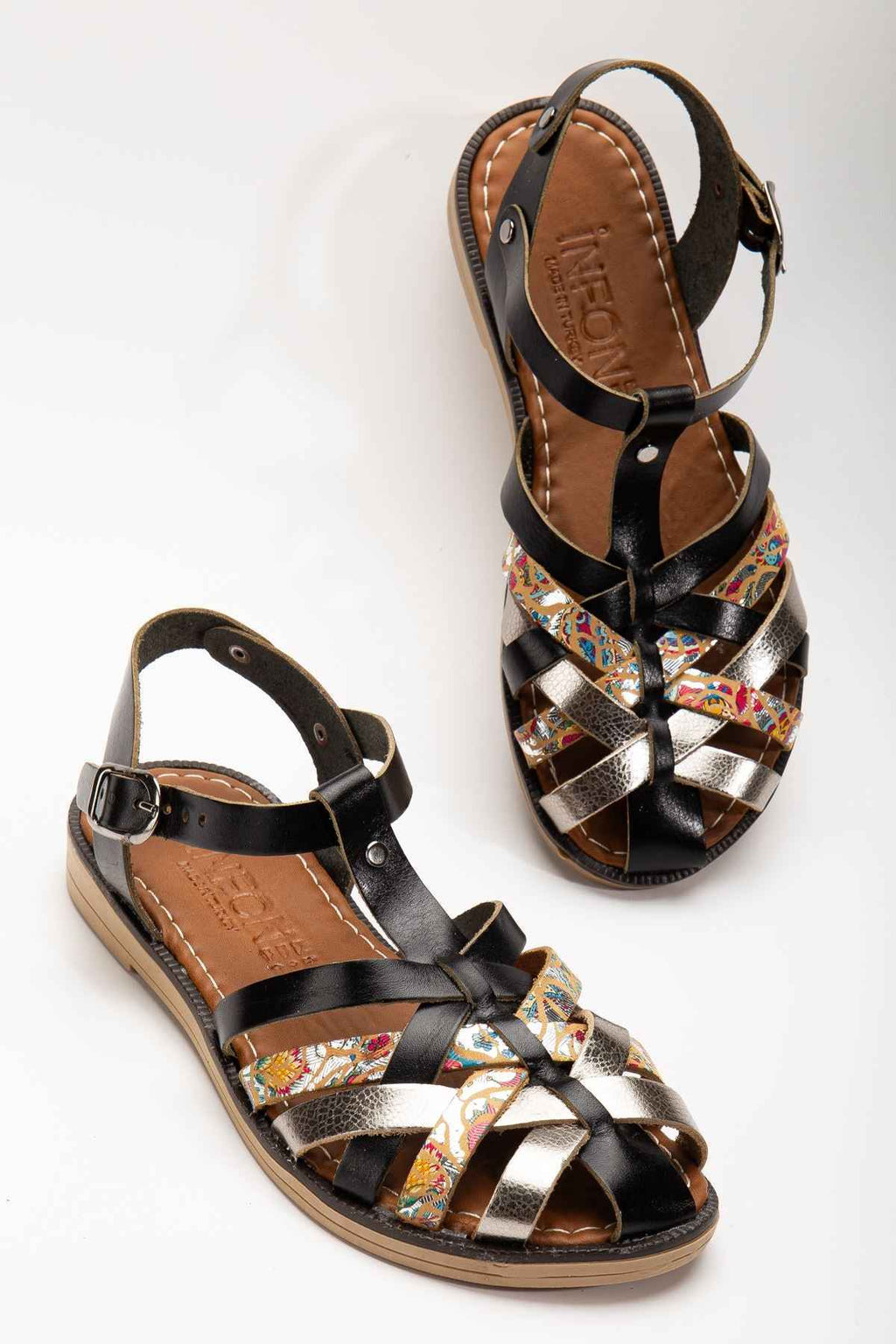 Ayakkabı Aşkı 205-02 Siyah Garni Ortopedik Hakiki Deri Kadın Sandalet