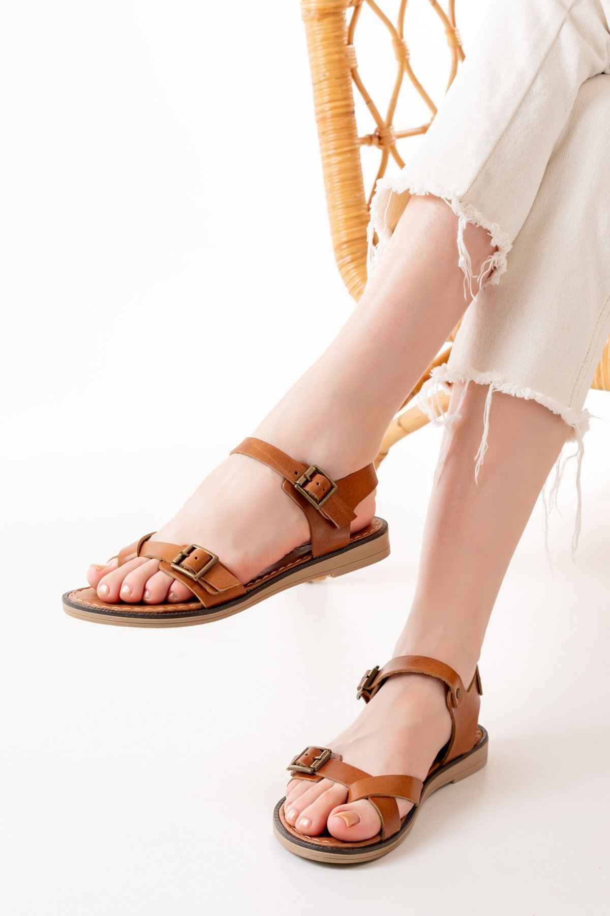 Ayakkabı Aşkı 205-091 Taba Ortopedik Hakiki Deri Kadın Sandalet