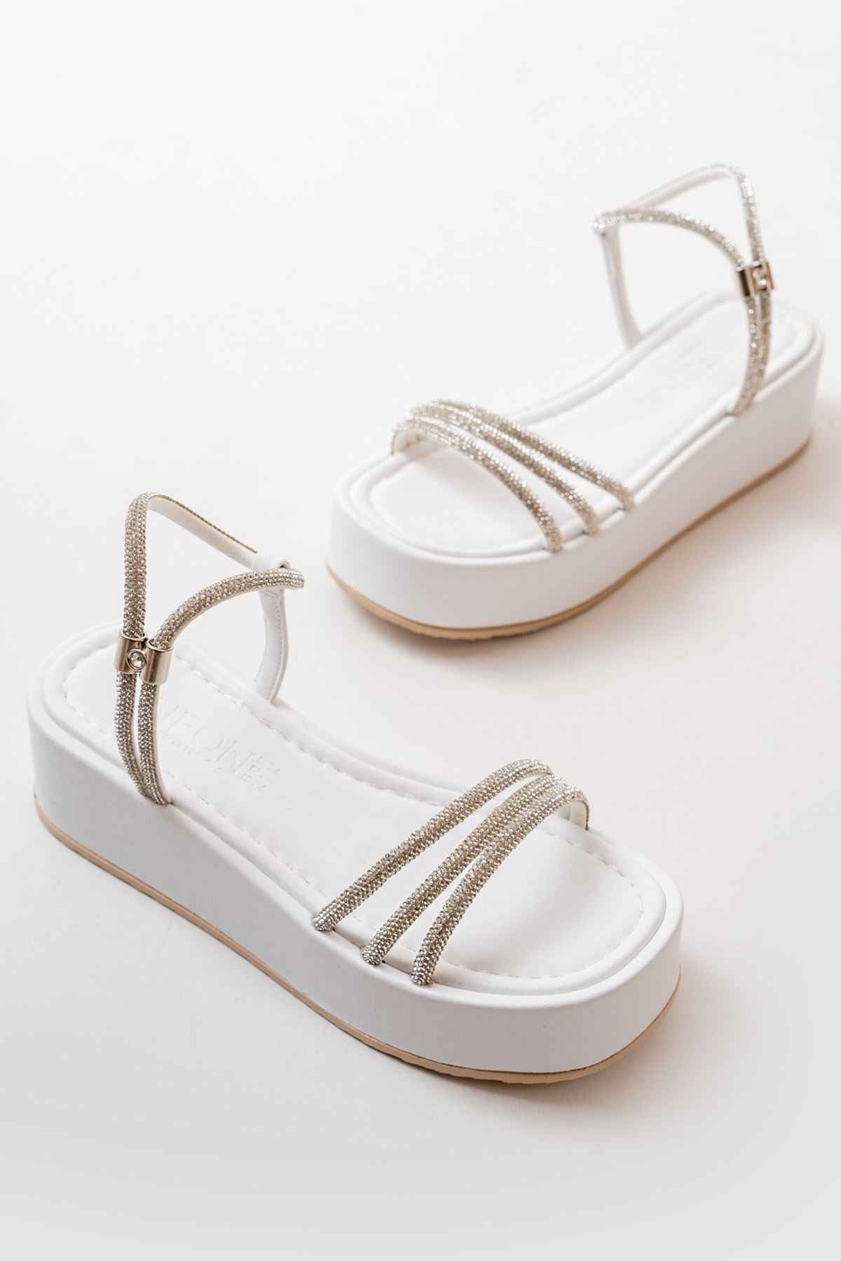 Ayakkabı Aşkı 861-1100 Beyaz Günlük Gümüş Taşlı Dolgu Kadın Sandalet