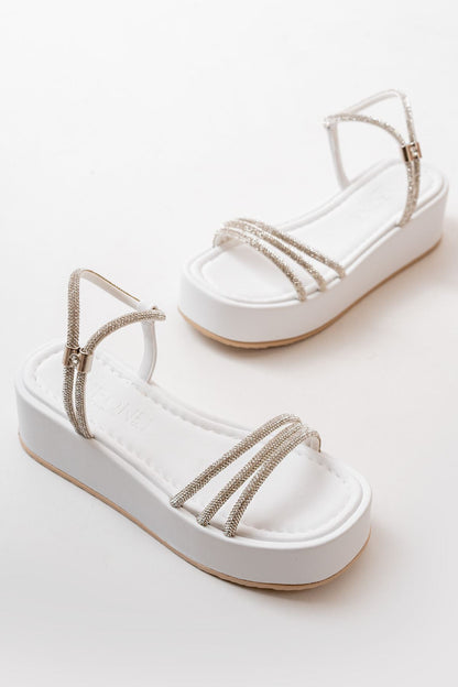 861-1100 Beyaz Günlük Gümüş Taşlı Dolgu Kadın Sandalet - Beyaz