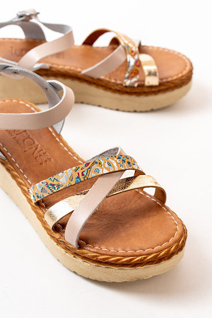 Ayakkabı Aşkı Bej Garni Ortopedik Hakiki Deri Dolgu Kadın Sandalet