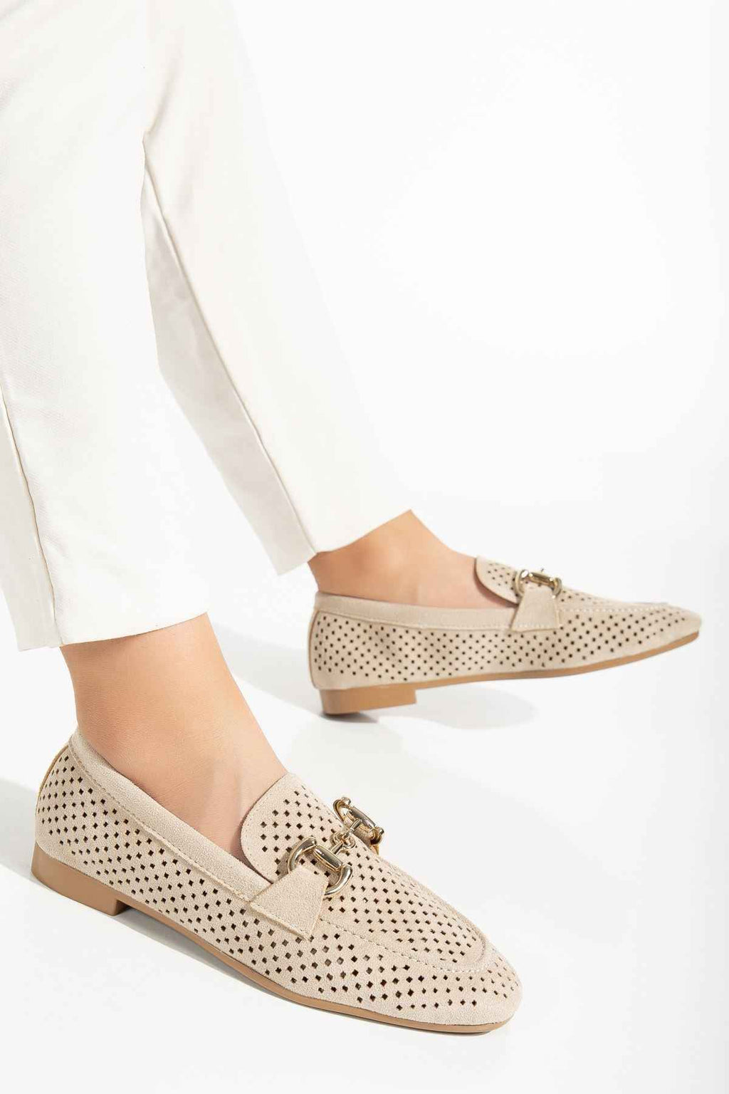 Ayakkabı Aşkı 401 Bej Süet Delikli Günlük Kadın Babet
