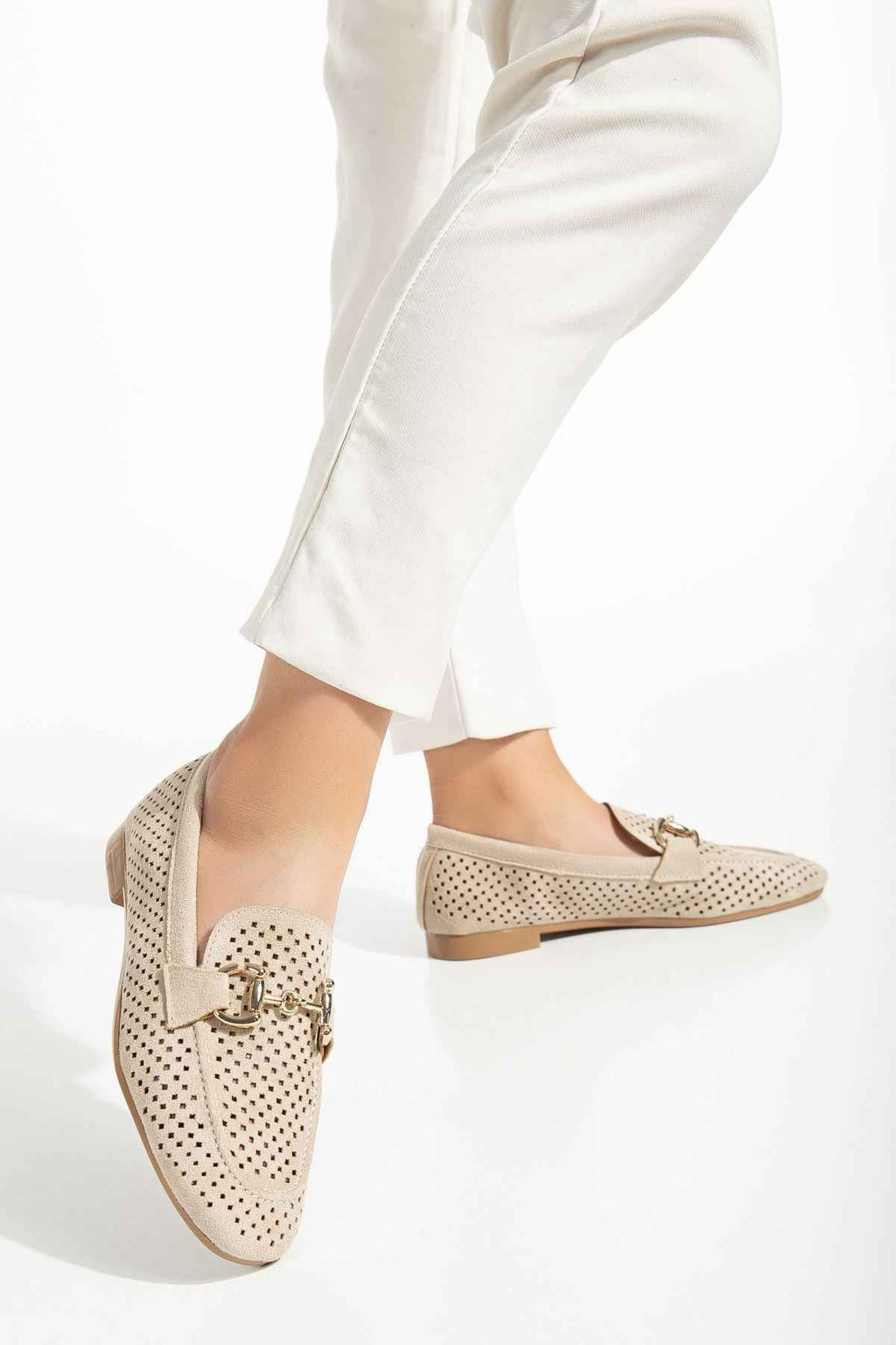 Ayakkabı Aşkı 401 Bej Süet Delikli Günlük Kadın Babet