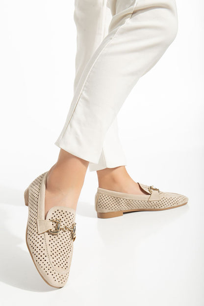 Ayakkabı Aşkı 401 Bej Süet Delikli Günlük Kadın Babet