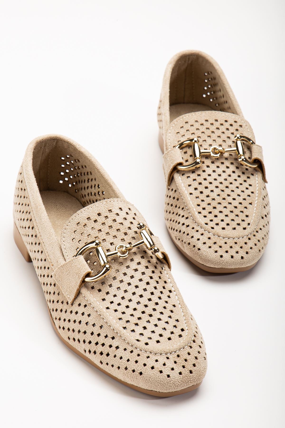 Ayakkabı Aşkı 401 Bej Süet Delikli Günlük Kadın Babet - Ayakkabı Aşkı