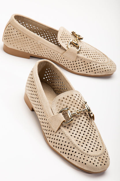 Ayakkabı Aşkı 401 Bej Süet Delikli Günlük Kadın Babet