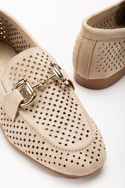 Ayakkabı Aşkı 401 Bej Süet Delikli Günlük Kadın Babet