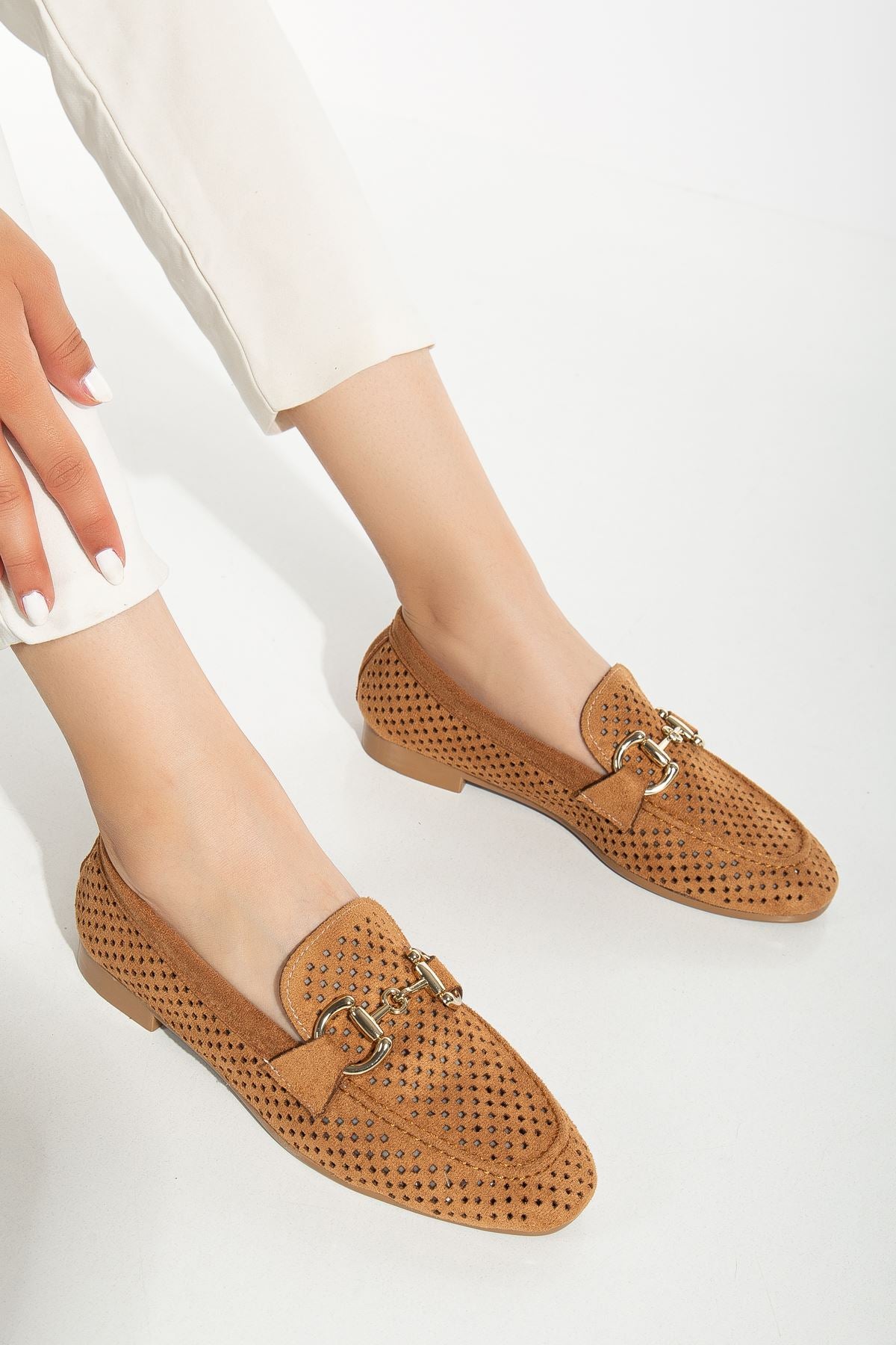 Ayakkabı Aşkı 401 Taba Süet Delikli Günlük Kadın Babet - Ayakkabı Aşkı