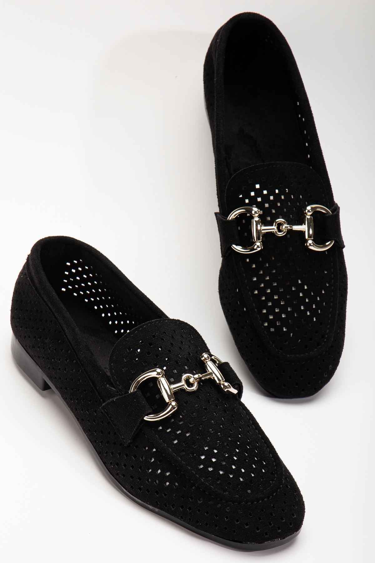 Ayakkabı Aşkı 401 Siyah Süet Delikli Günlük Kadın Babet