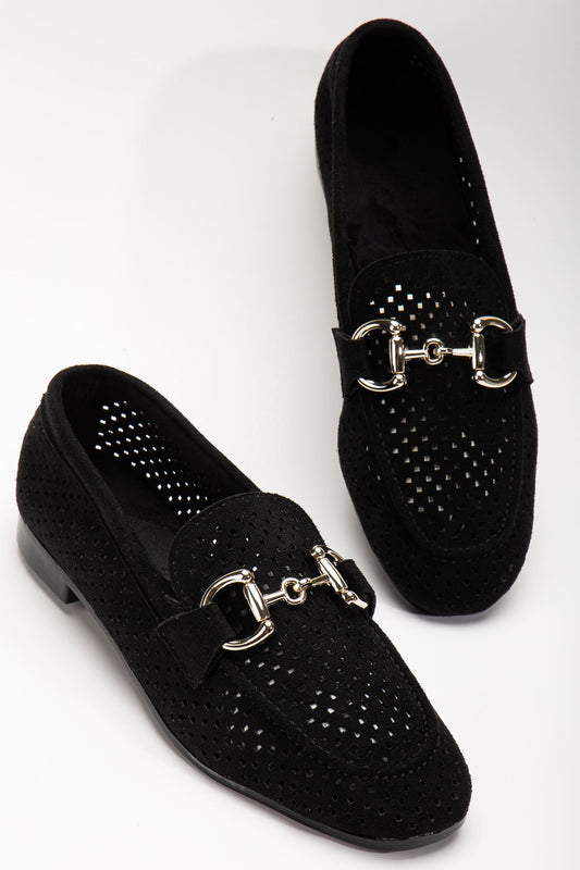 401 Siyah Süet Delikli Günlük Kadın Babet - Siyah