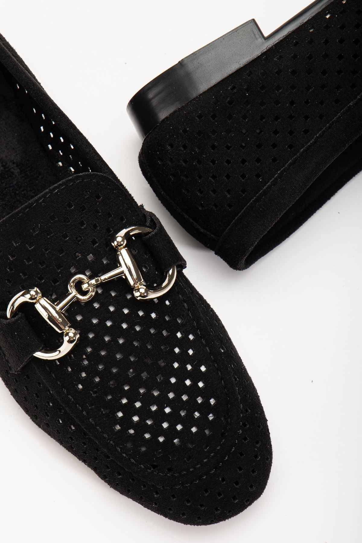 Ayakkabı Aşkı 401 Siyah Süet Delikli Günlük Kadın Babet