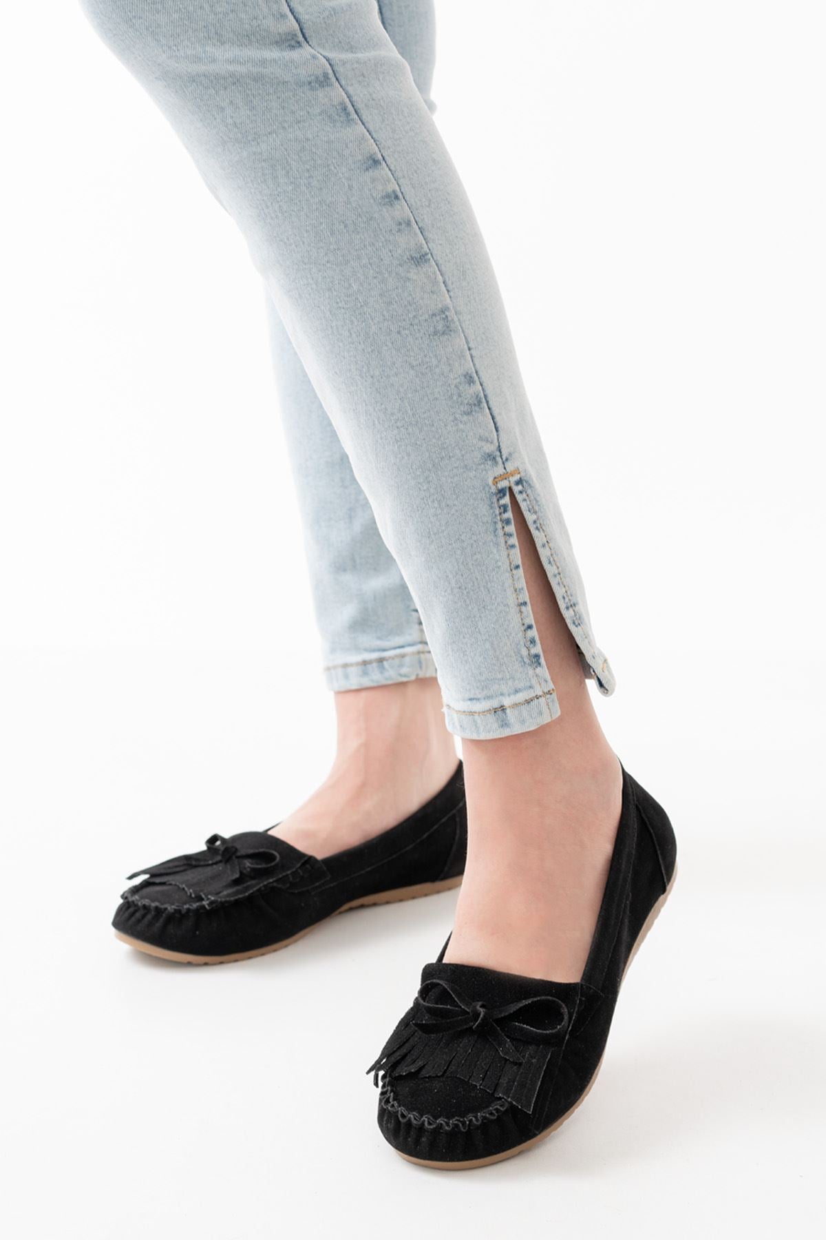 Ayakkabı Aşkı Siyah Süet Püsküllü Günlük Kadın Babet