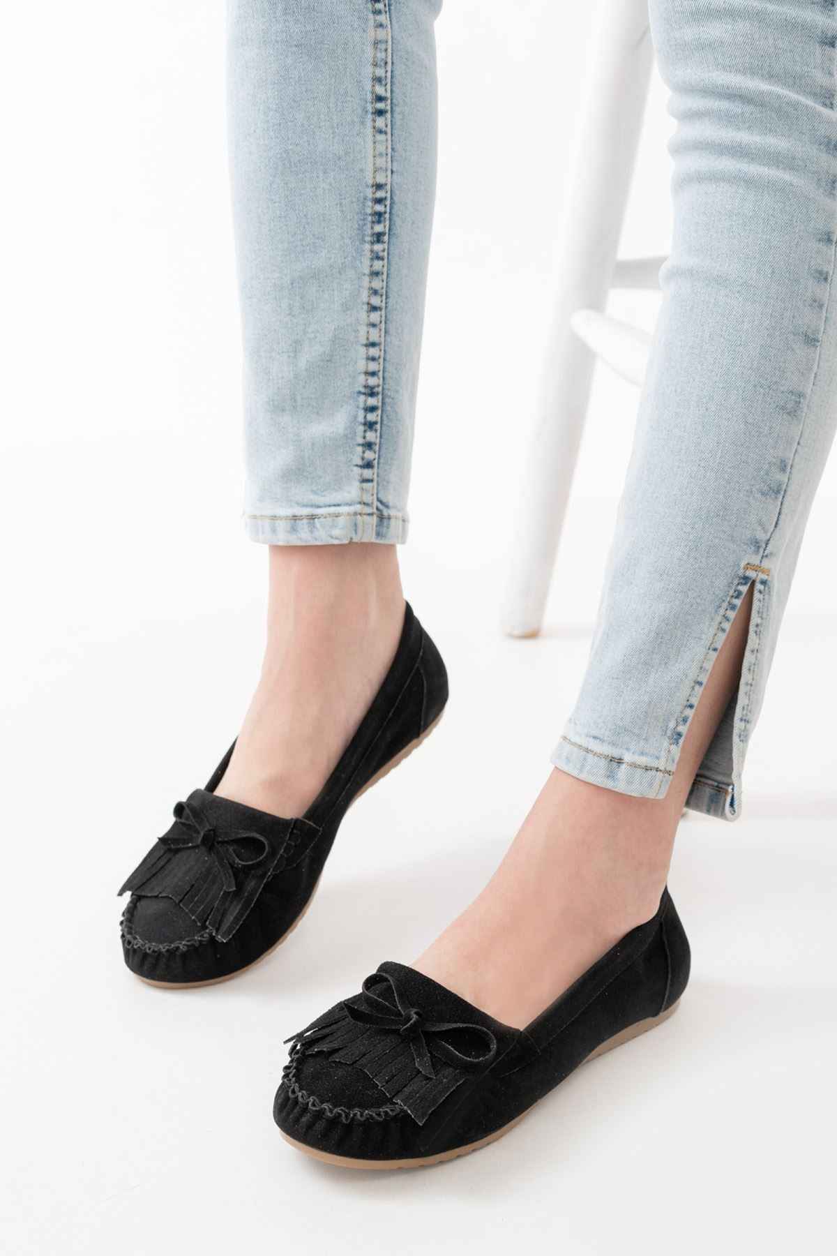Ayakkabı Aşkı Ps-100 Siyah Süet Püsküllü Günlük Kadın Babet