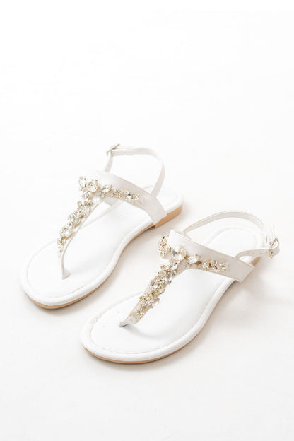 152-1110 Beyaz Gümüş Taşlı Parmak Arası Kadın Sandalet - Beyaz