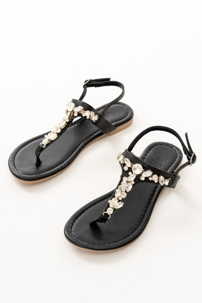 Ayakkabı Aşkı Siyah Gümüş Taşlı Parmak Arası Kadın Sandalet