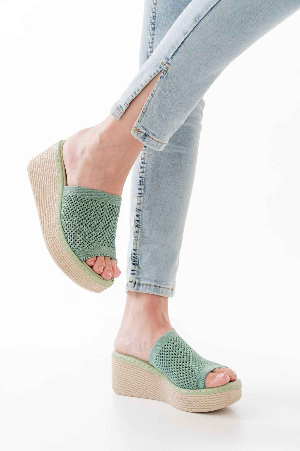 Ayakkabı Aşkı 232-460 Mint Yeşili Triko Günlük Ortopedik Dolgu Topuk Kadın Terlik