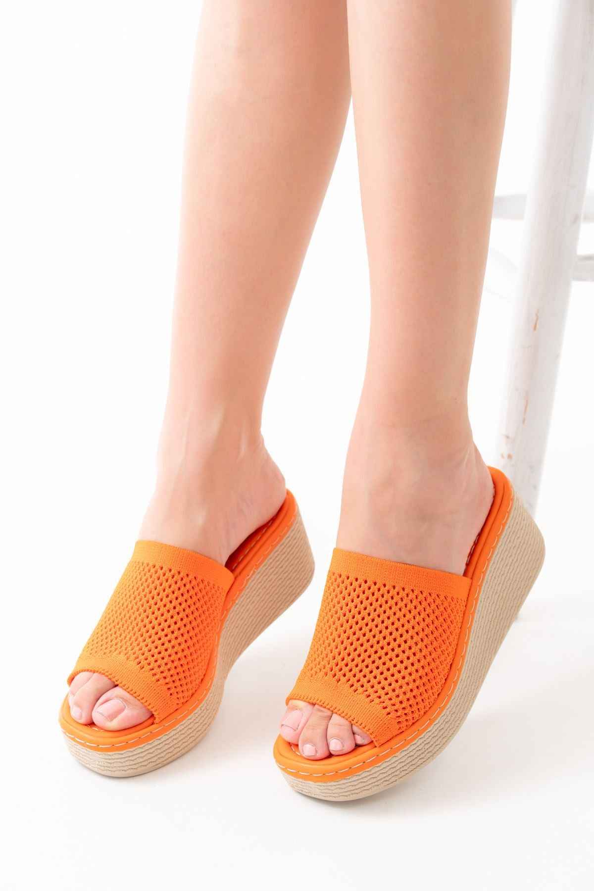 Ayakkabı Aşkı 232-460 Orange Triko Günlük Ortopedik Dolgu Topuk Kadın Terlik