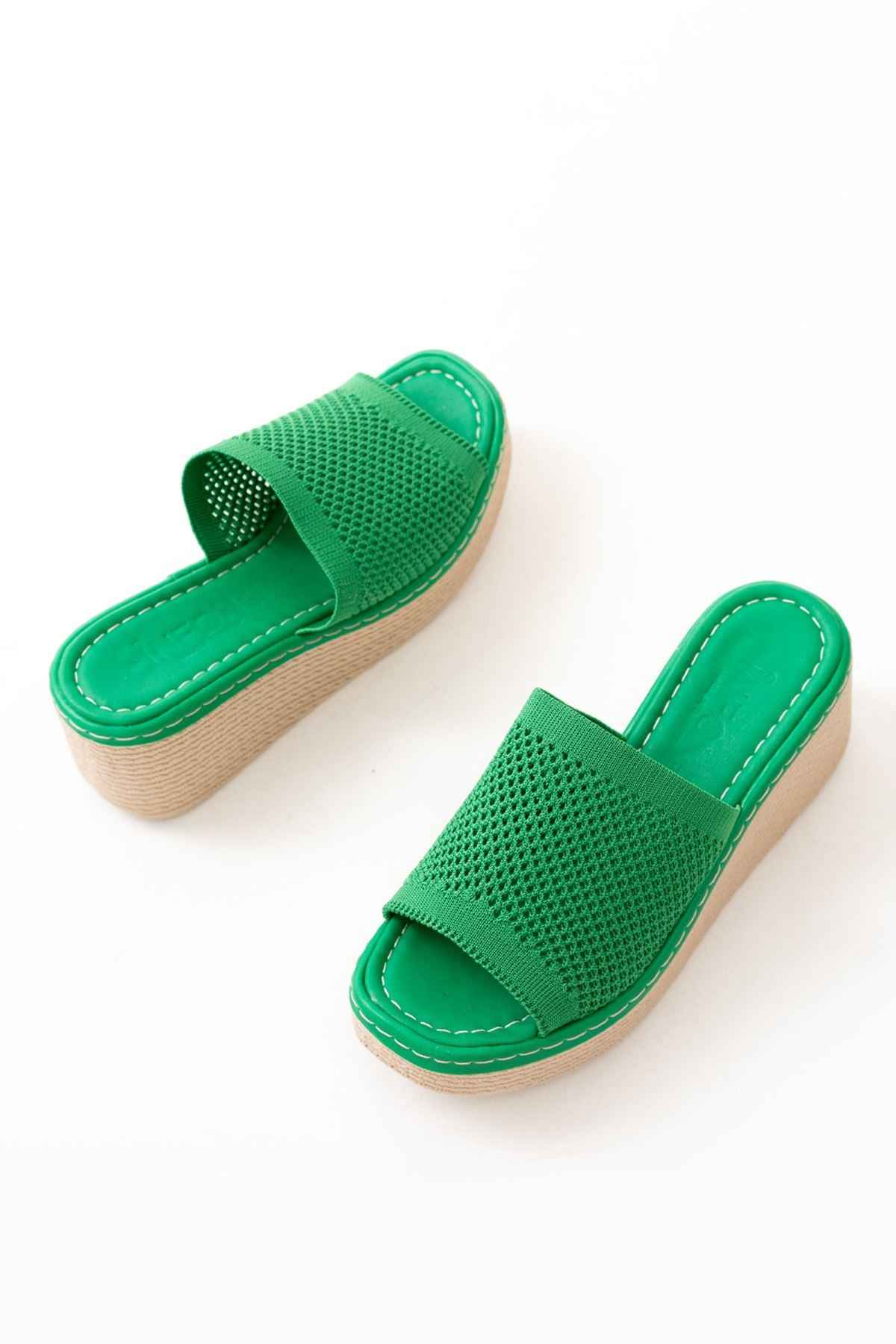 Ayakkabı Aşkı 232-460 Çimen Yeşili Triko Günlük Ortopedik Dolgu Topuk Kadın Terlik