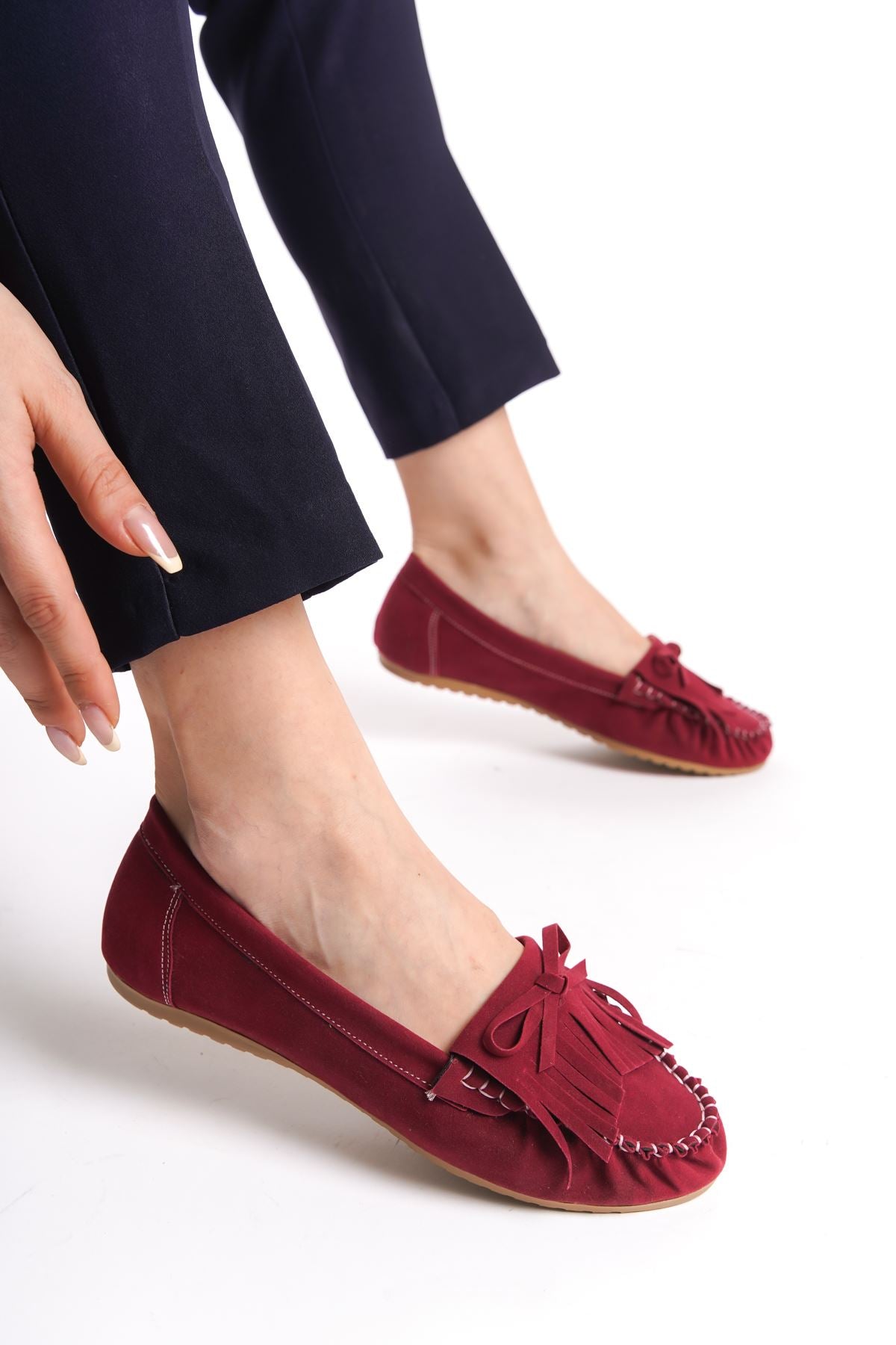 Ayakkabı Aşkı Bordo Süet Püsküllü Günlük Kadın Babet - Ayakkabı Aşkı