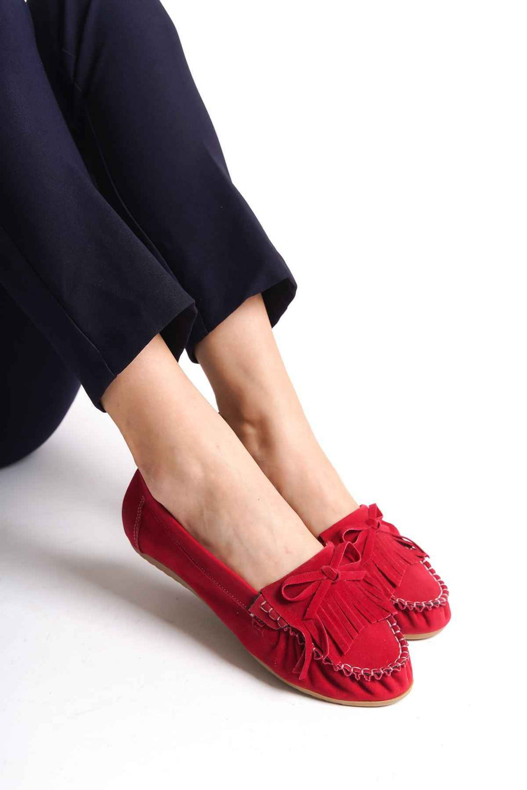 Ayakkabı Aşkı Ps-100 Kırmızı Süet Püsküllü Günlük Kadın Babet