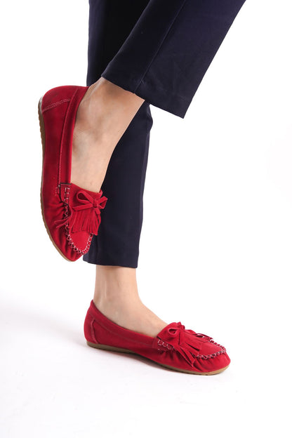 Ayakkabı Aşkı Kırmızı Süet Püsküllü Günlük Kadın Babet