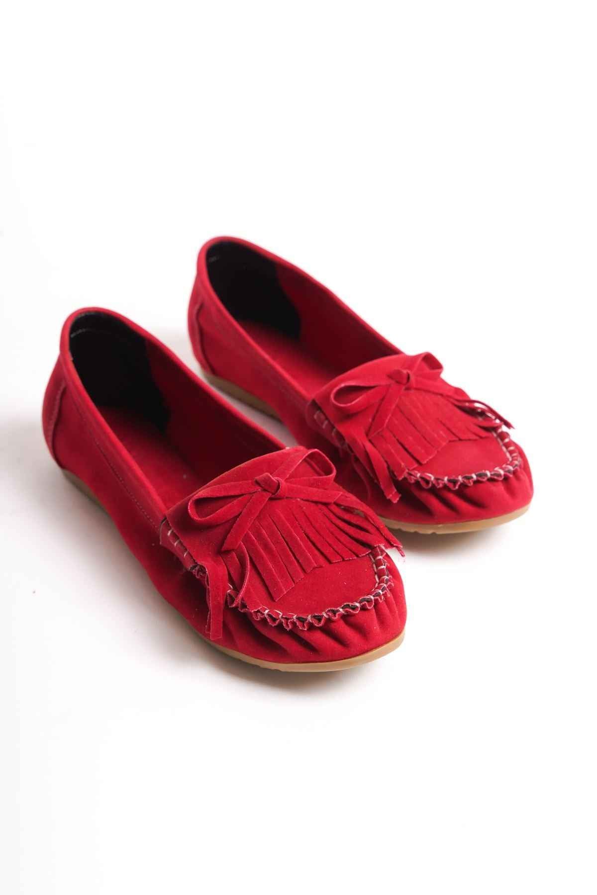 Ayakkabı Aşkı Ps-100 Kırmızı Süet Püsküllü Günlük Kadın Babet