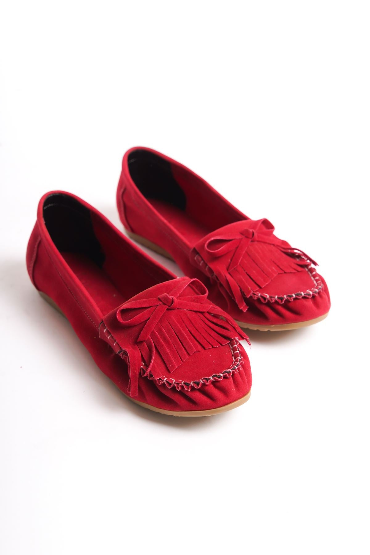 Ayakkabı Aşkı Kırmızı Süet Püsküllü Günlük Kadın Babet - Ayakkabı Aşkı
