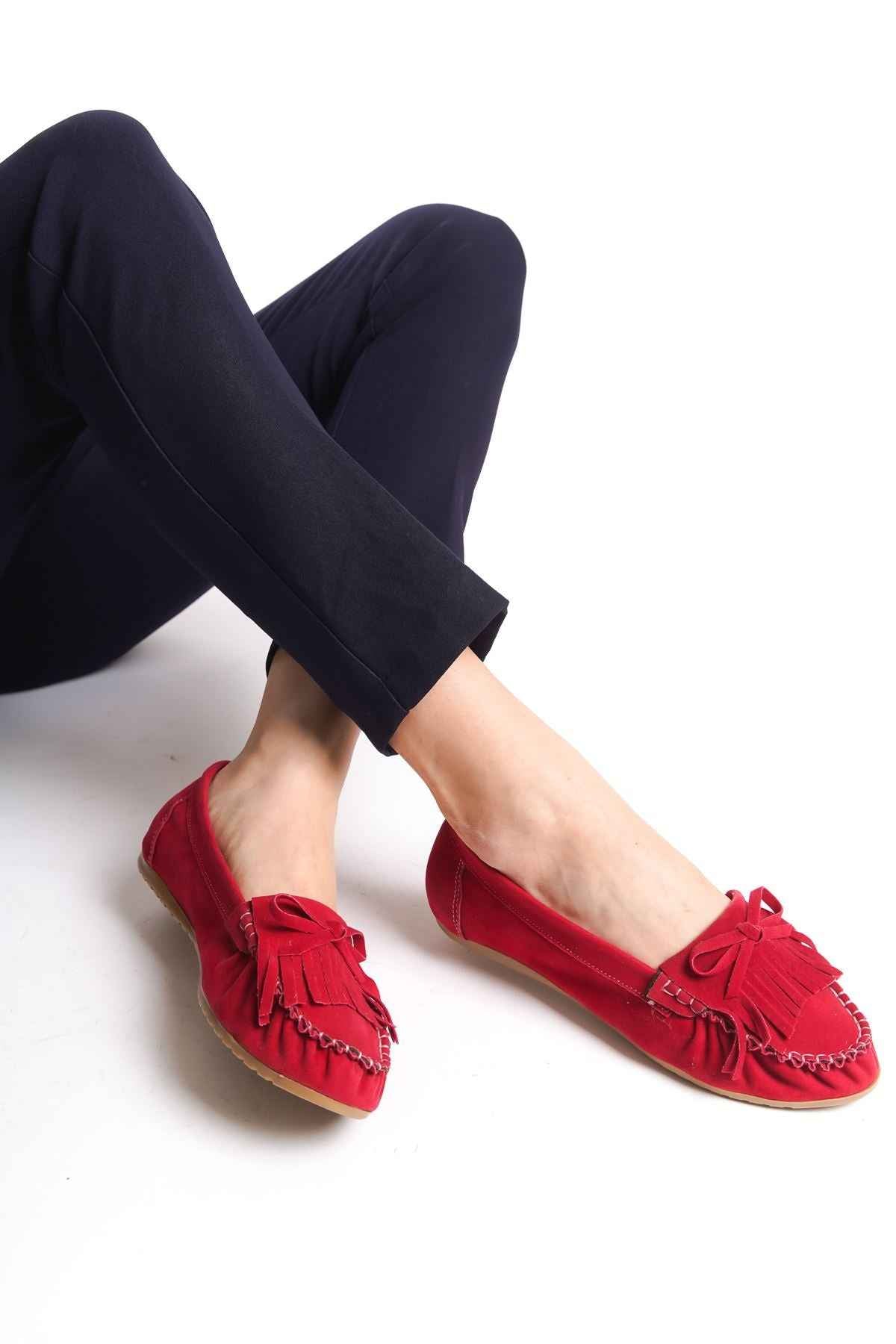 Ayakkabı Aşkı Ps-100 Kırmızı Süet Püsküllü Günlük Kadın Babet