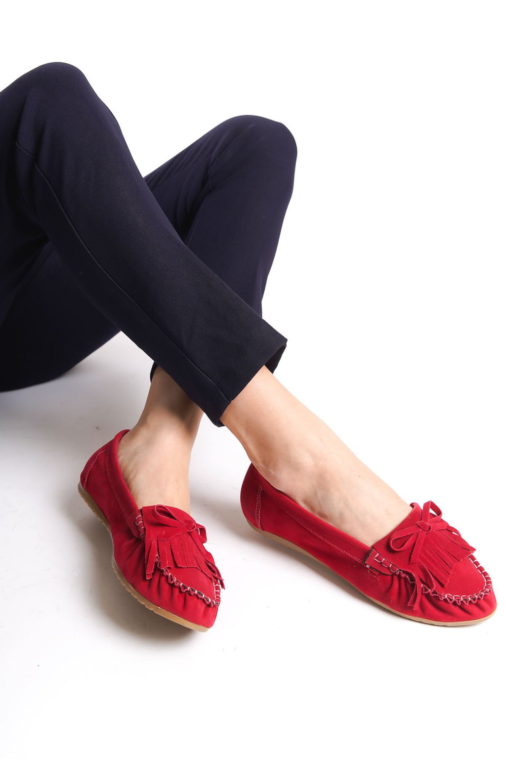 Ayakkabı Aşkı Kırmızı Süet Püsküllü Günlük Kadın Babet - Ayakkabı Aşkı