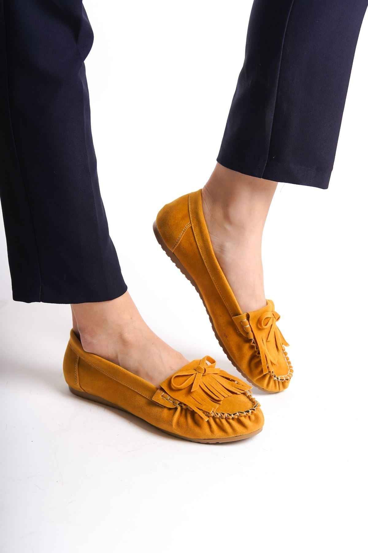 Ayakkabı Aşkı Ps-100 Hardal Süet Püsküllü Günlük Kadın Babet