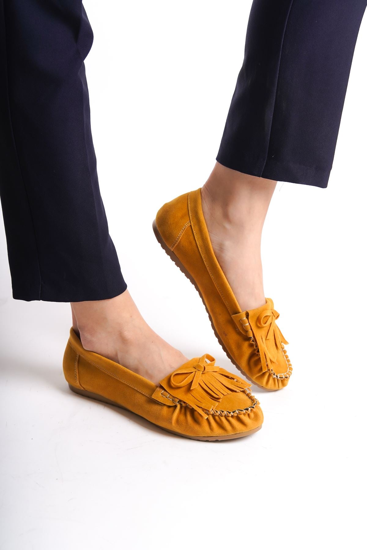 Ayakkabı Aşkı Hardal Süet Püsküllü Günlük Kadın Babet - Ayakkabı Aşkı
