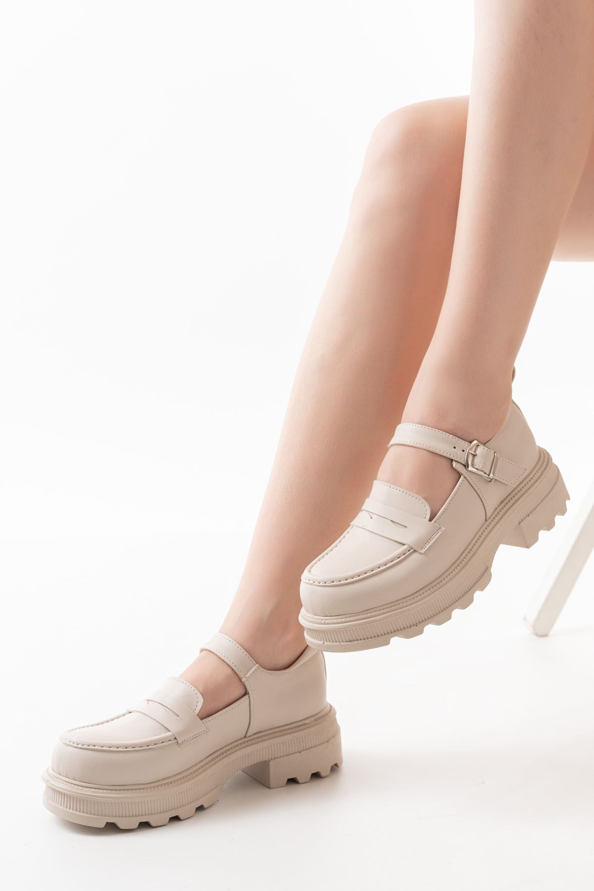 745-771 Bej Kadın Günlük Yüksek Tabanlı Loafer Ayakkabı - Bej