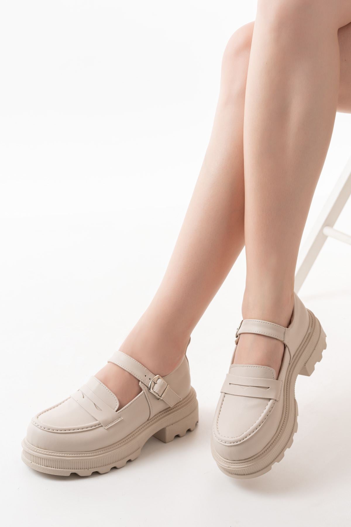Ayakkabı Aşkı Bej Kadın Günlük Yüksek Tabanlı Loafer Ayakkabı