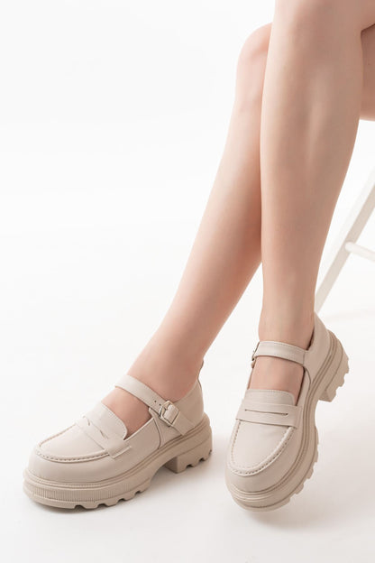 Ayakkabı Aşkı Bej Kadın Günlük Yüksek Tabanlı Loafer Ayakkabı